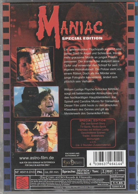 MANIAC Special Edition UNCUT Astro DVD Austria Joe Spinell Horror 