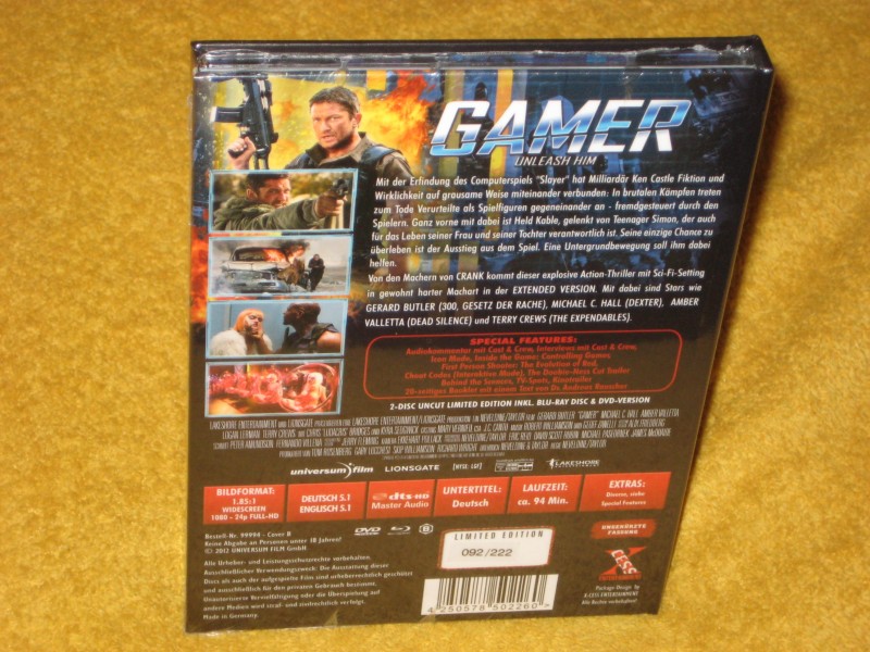Gamer Mediabook  Cover B - Limited Edition Nr. 092/222 Blu-Ray + DVD -  Uncut - Gerhard Butler  - NEU +  OVP  in Folie 