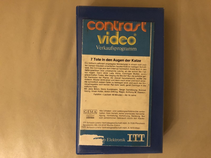 VHS Rarität 7 Tote in den Augen der Katze ITT Pappe 